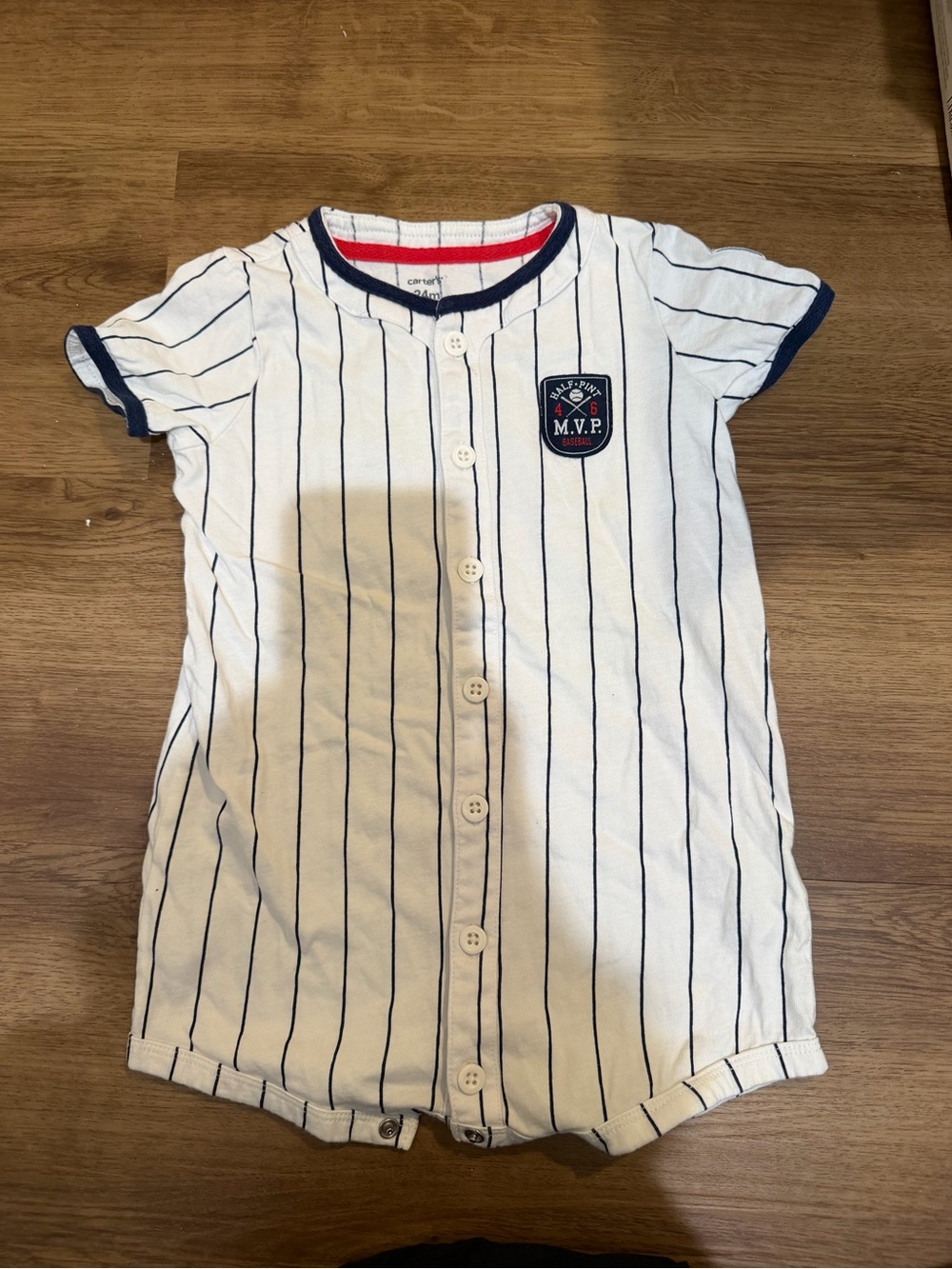 Carter's White Romper with Navy Pinstripes and Red Accent